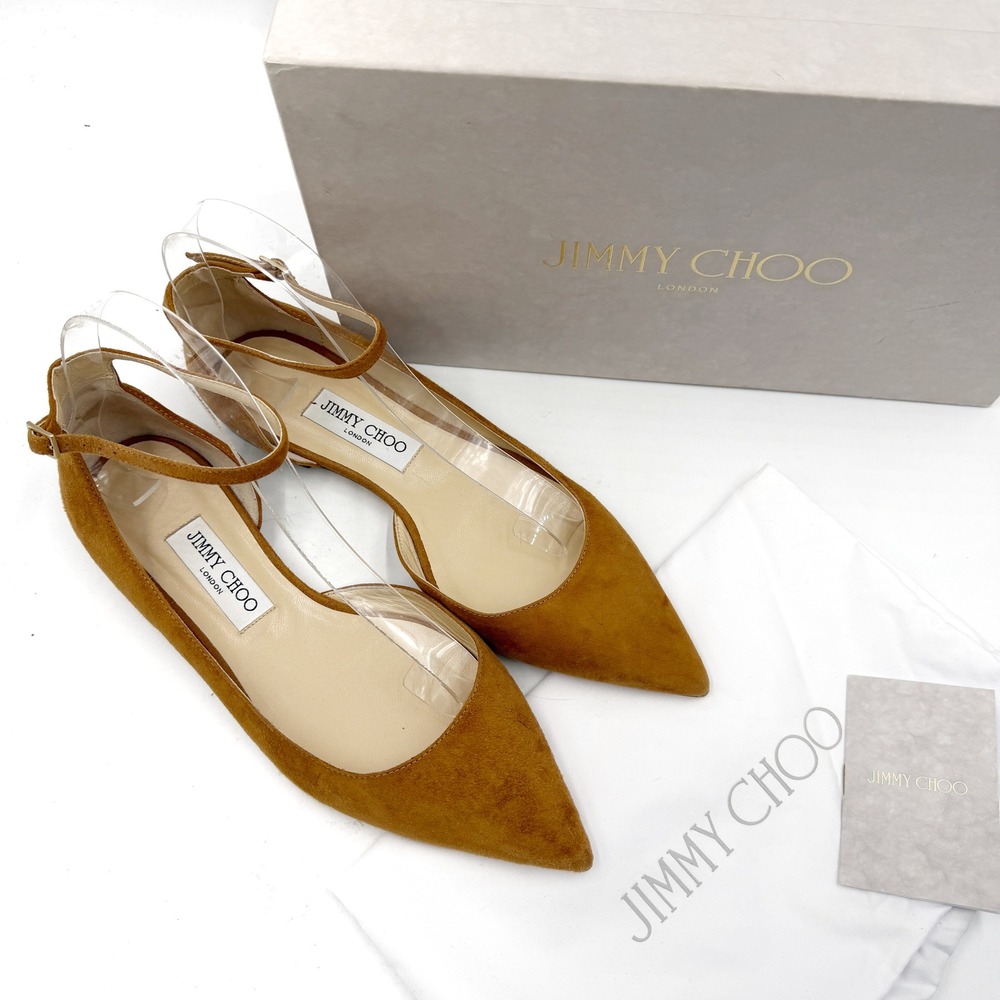 Jimmy Choo Lucy Flat Canyon Brown Suede Pointed Toe Ankle Strap Sz 39 / 9